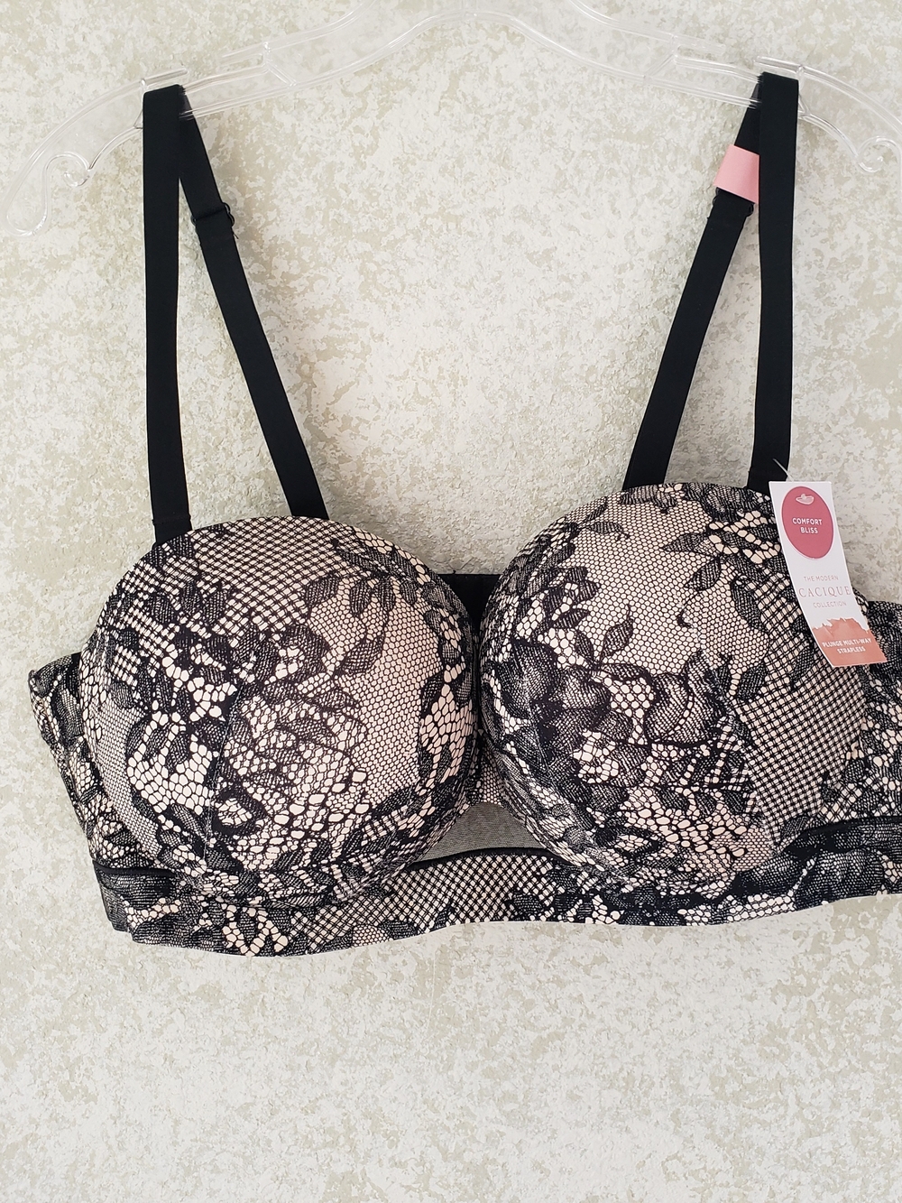Cacique Black Lace on Nude Push-Up Bra 42C NWT